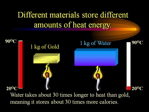 The specific heat of gold is over 30 times smaller than that of water